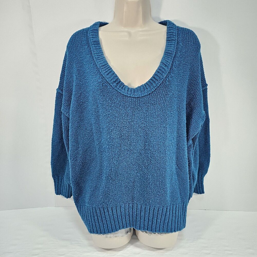 Free People Brookside Slouchy Sweater Halcyon Blue Oversized Textired Knit Sz M